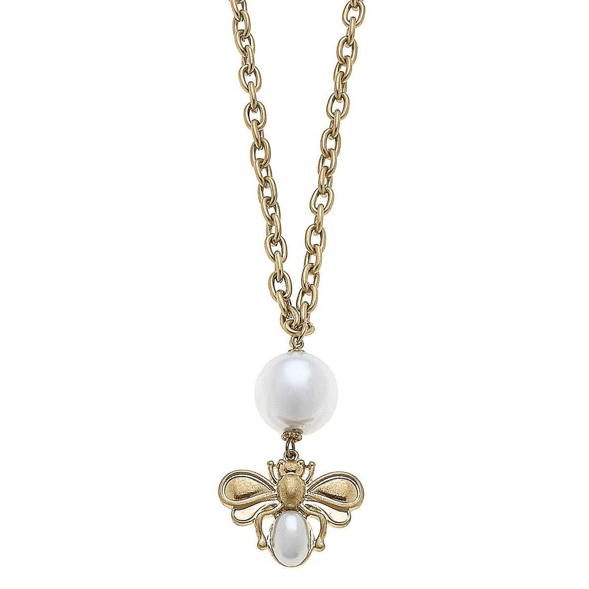 Pearl Bumble Bee Long Pendant Necklace in Worn Gold