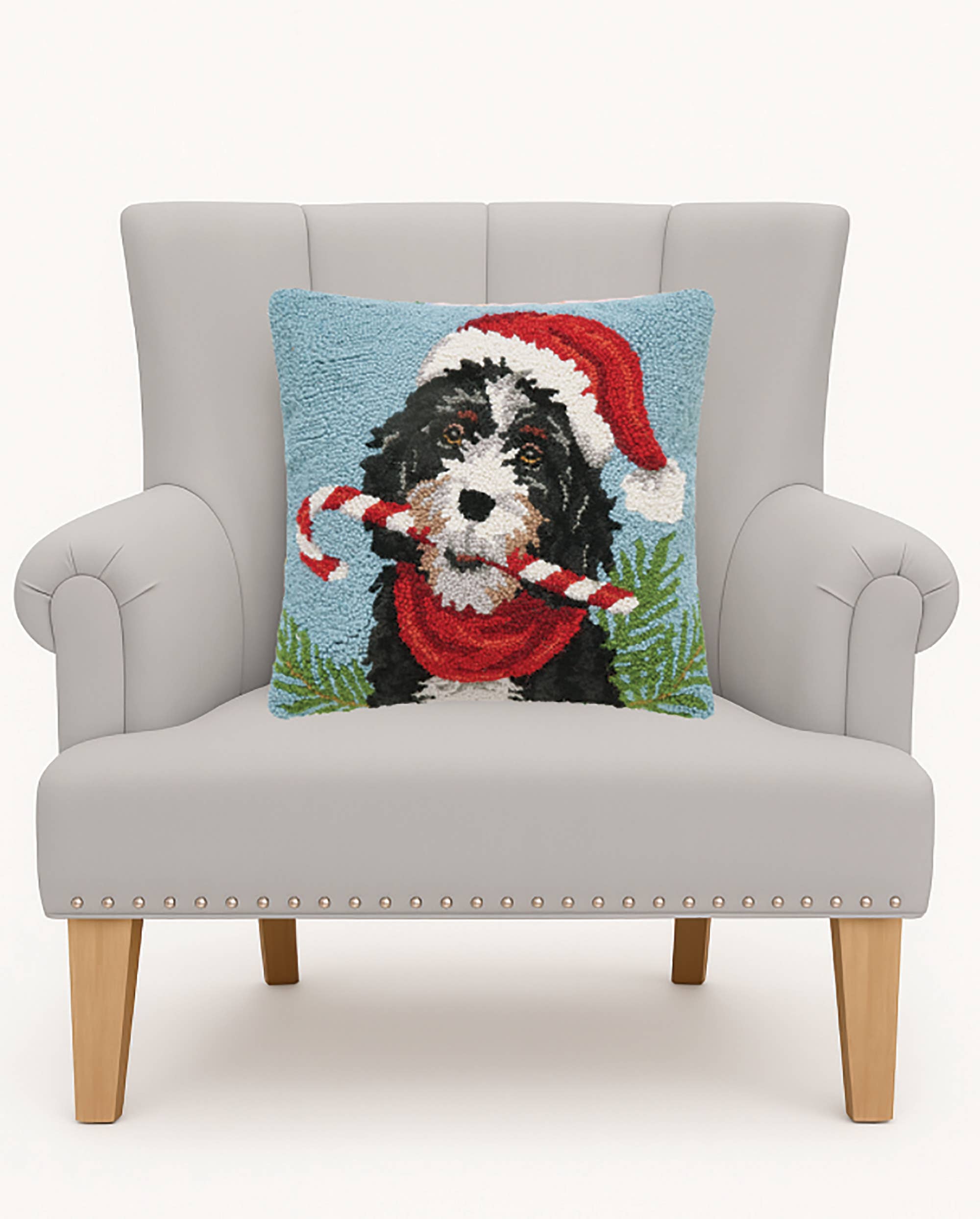 Light Blue Christmas Bernedoodle Hook Pillow