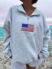 Gray Vintage American Flag Quarter-Zip Sweatshirt