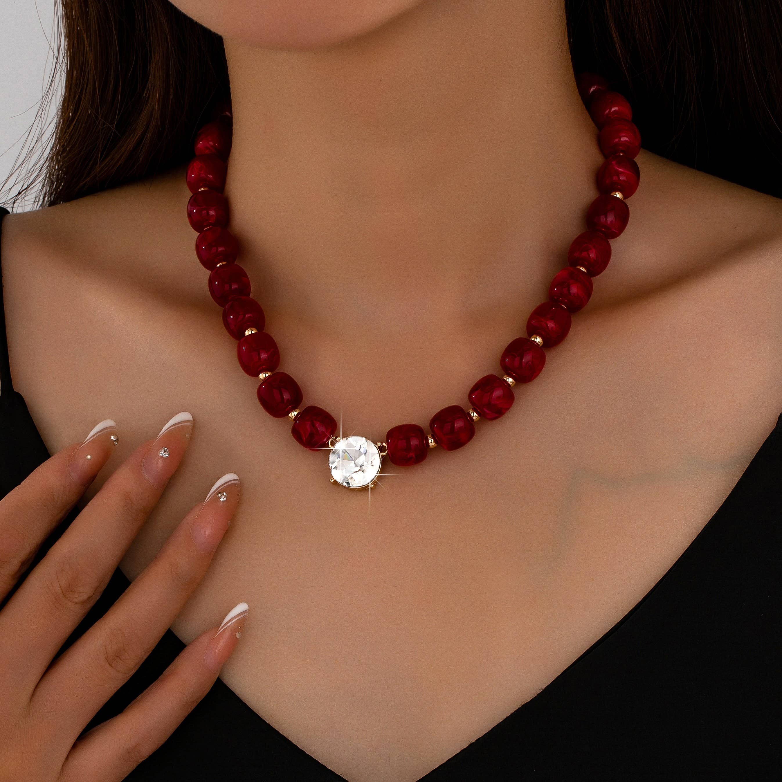 Red Resin Bead Crystal Pendant Necklace