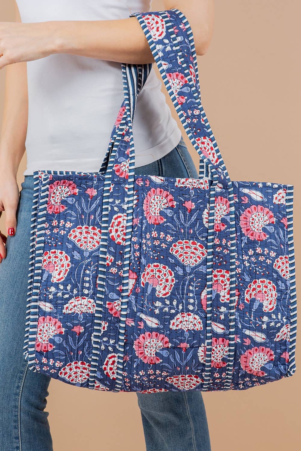 Printed Pink Floral Quilted Tote Bag