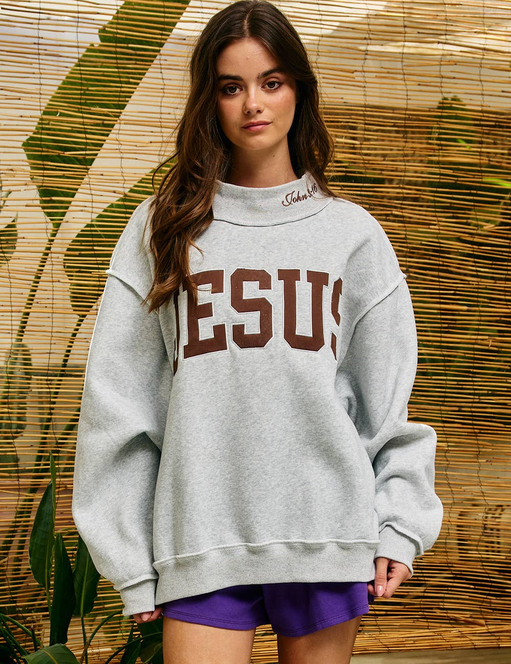 Brown Embroidered Jesus Gray Mockneck