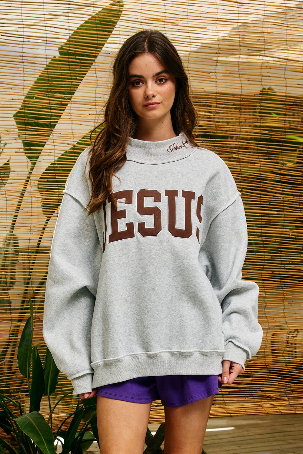 Brown Embroidered Jesus Gray Mockneck