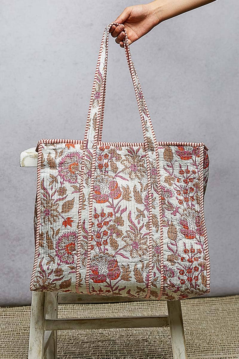 Cream Quilted Floral Tote Bag