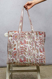 Cream Quilted Floral Tote Bag