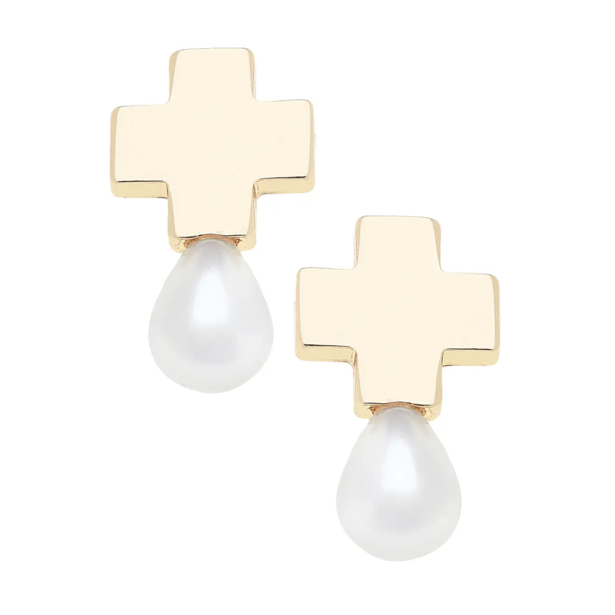 Edith Square Cross Pearl Drop Earrings in Ivory