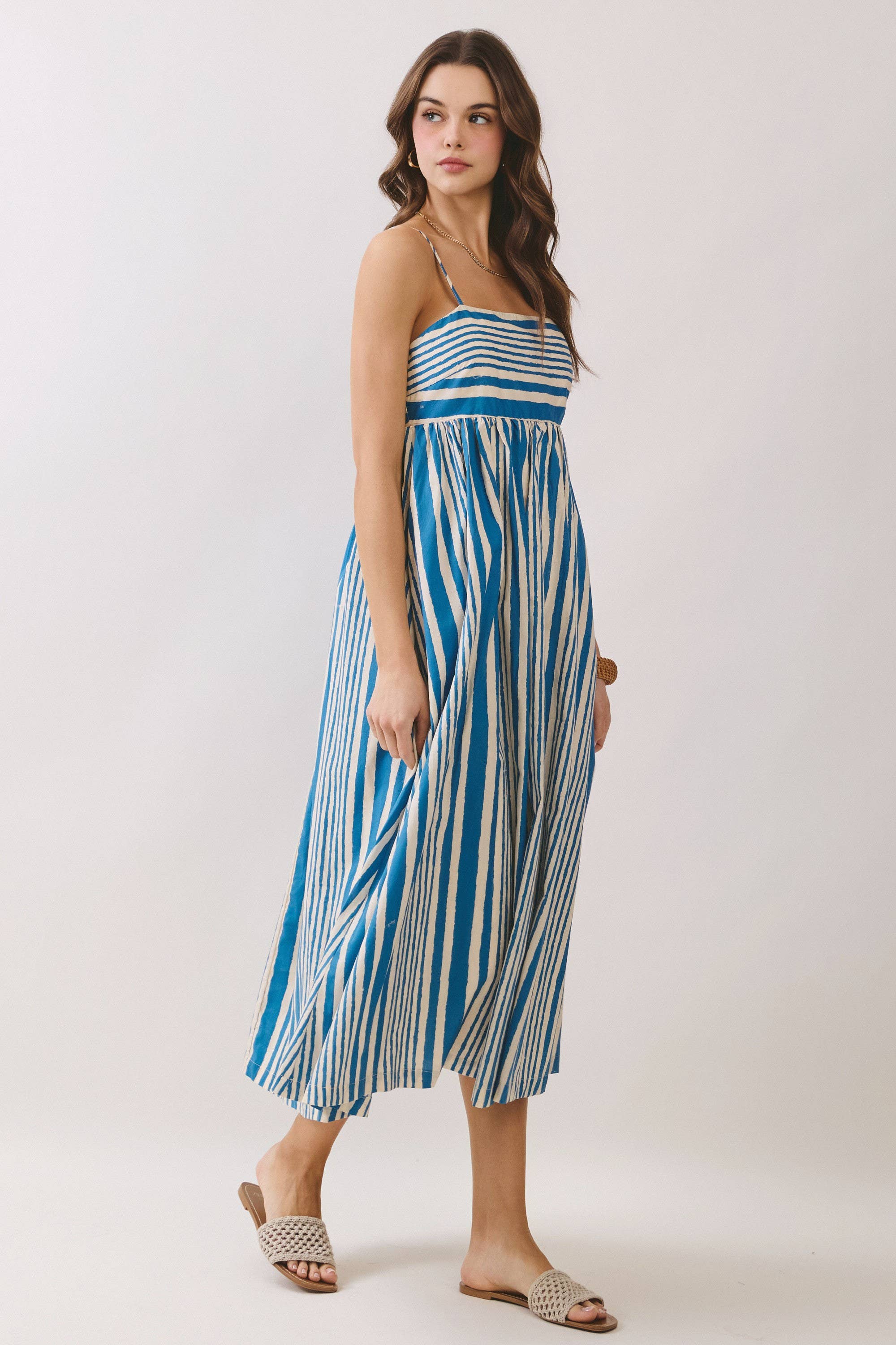 Blue Stripe Smocked Midi Dress