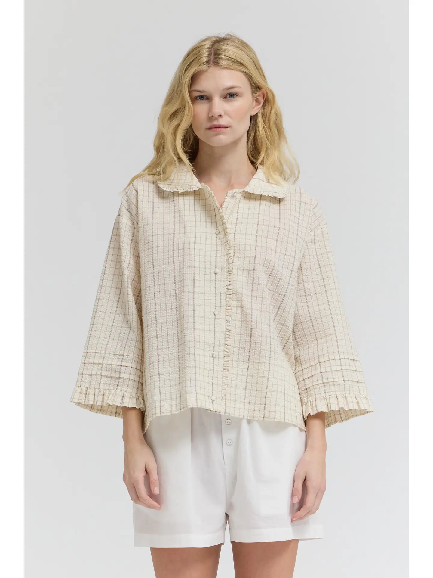 Beige Plaid Ruffle Top