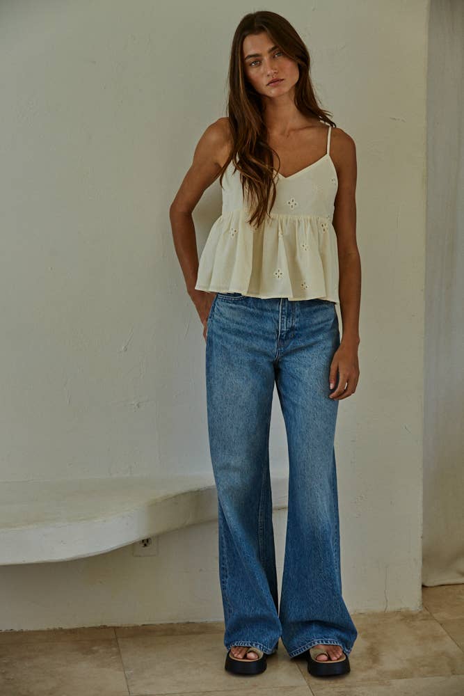 Cream Eyelet V-Neck Babydoll Top