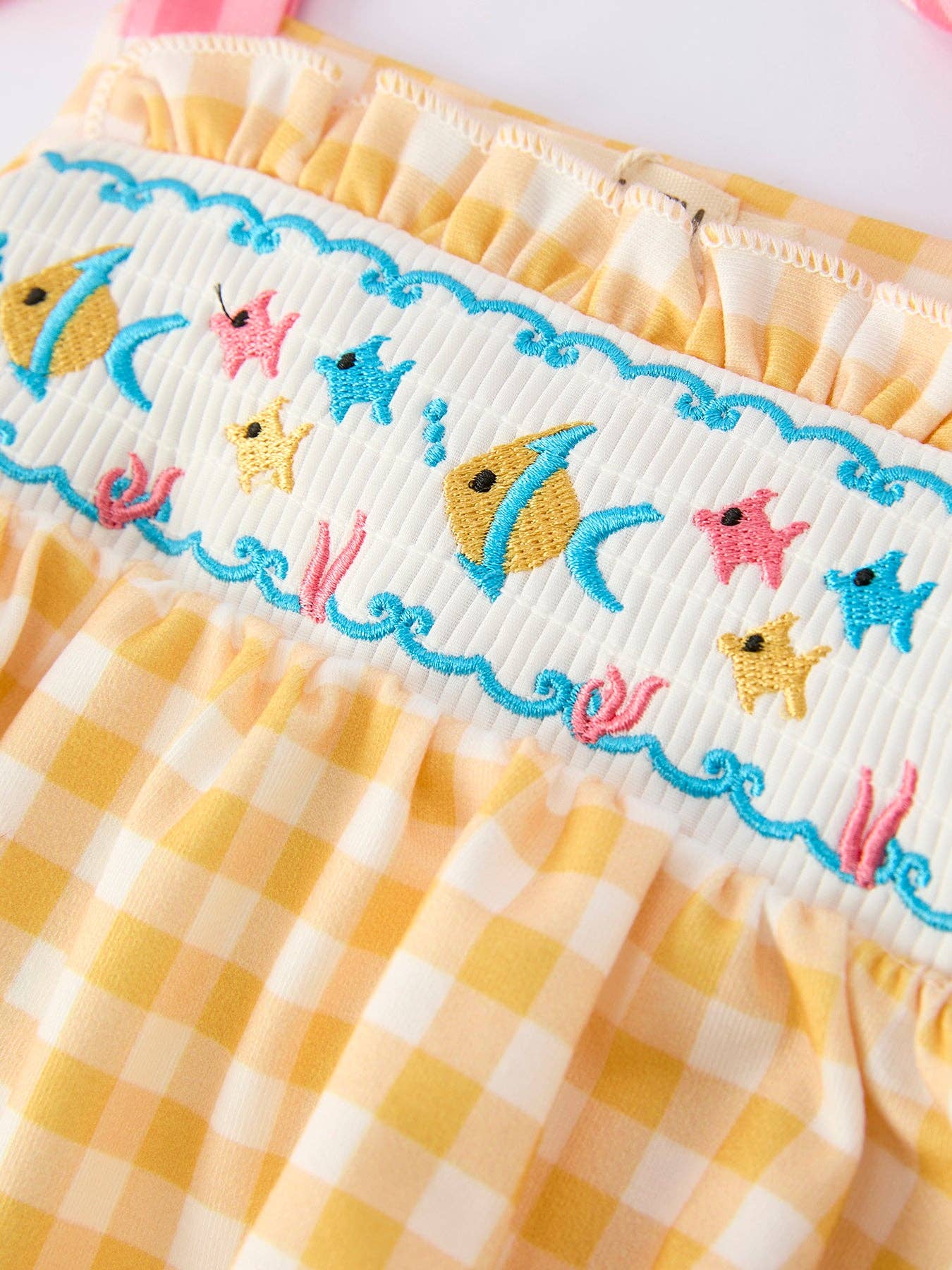 Fish Embroidery Smocking Plaid Romper