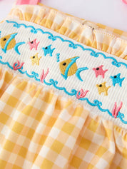 Fish Embroidery Smocking Plaid Romper
