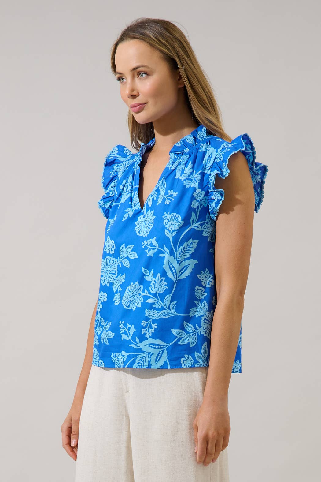 Blue Ruffle Floral Top