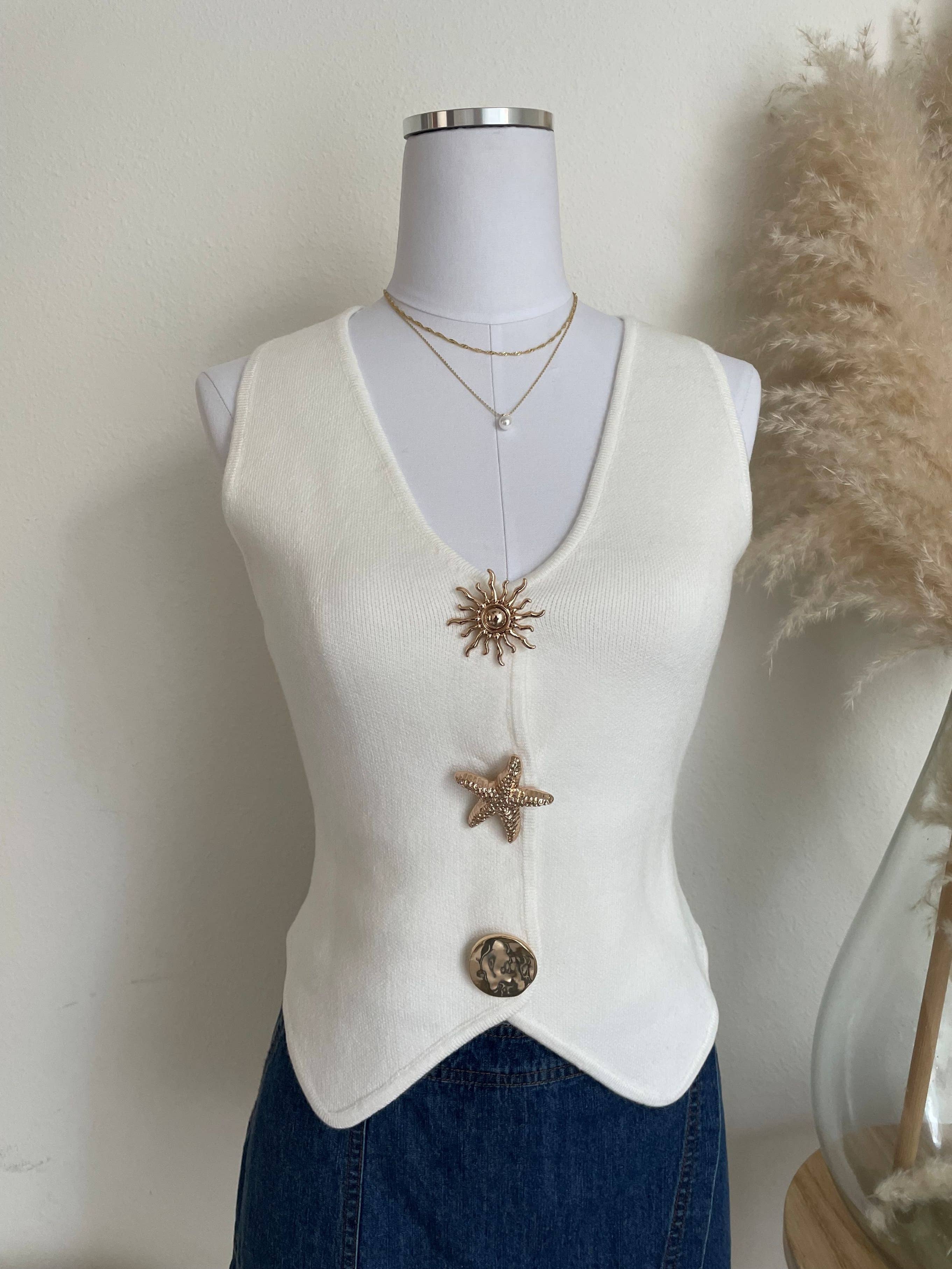 White Sweater Vest with Jewel Buttons