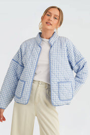 Light Blue Quilted Gingham Jacket — color: light blue gingham with light blue trim and quilted throughout