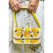 Yellow Beaded Shoulder Bag — height: 6-1/4" and length: 10"