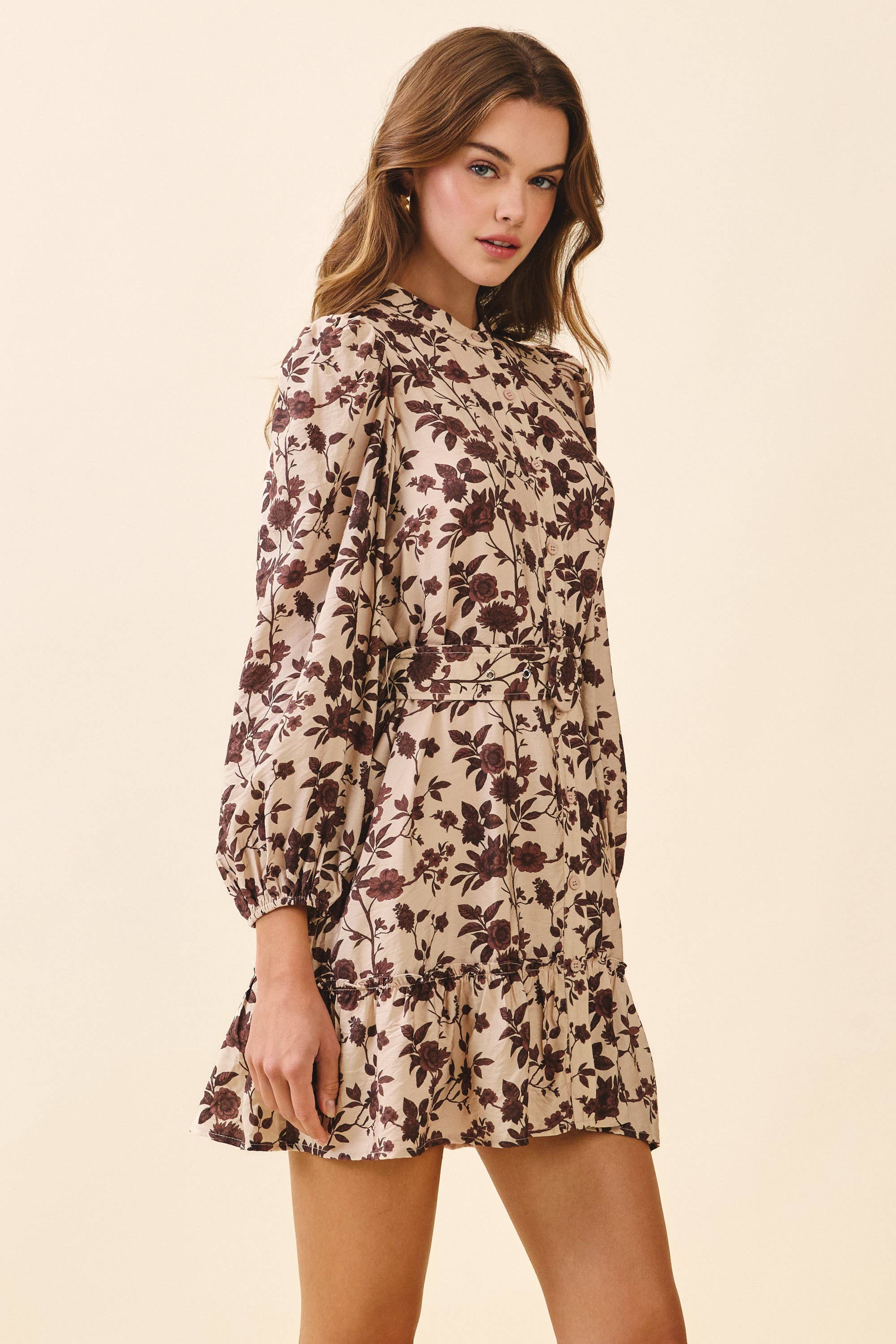 Floral Print High Neck Removable Buckle Belt Dress