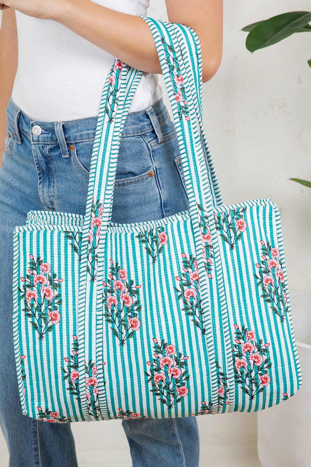Teal Hibiscus Quilted Tote Bag