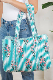 Teal Hibiscus Quilted Tote Bag