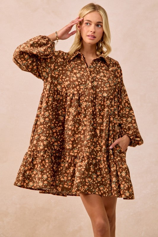 Brown Floral Print Corduroy Dress