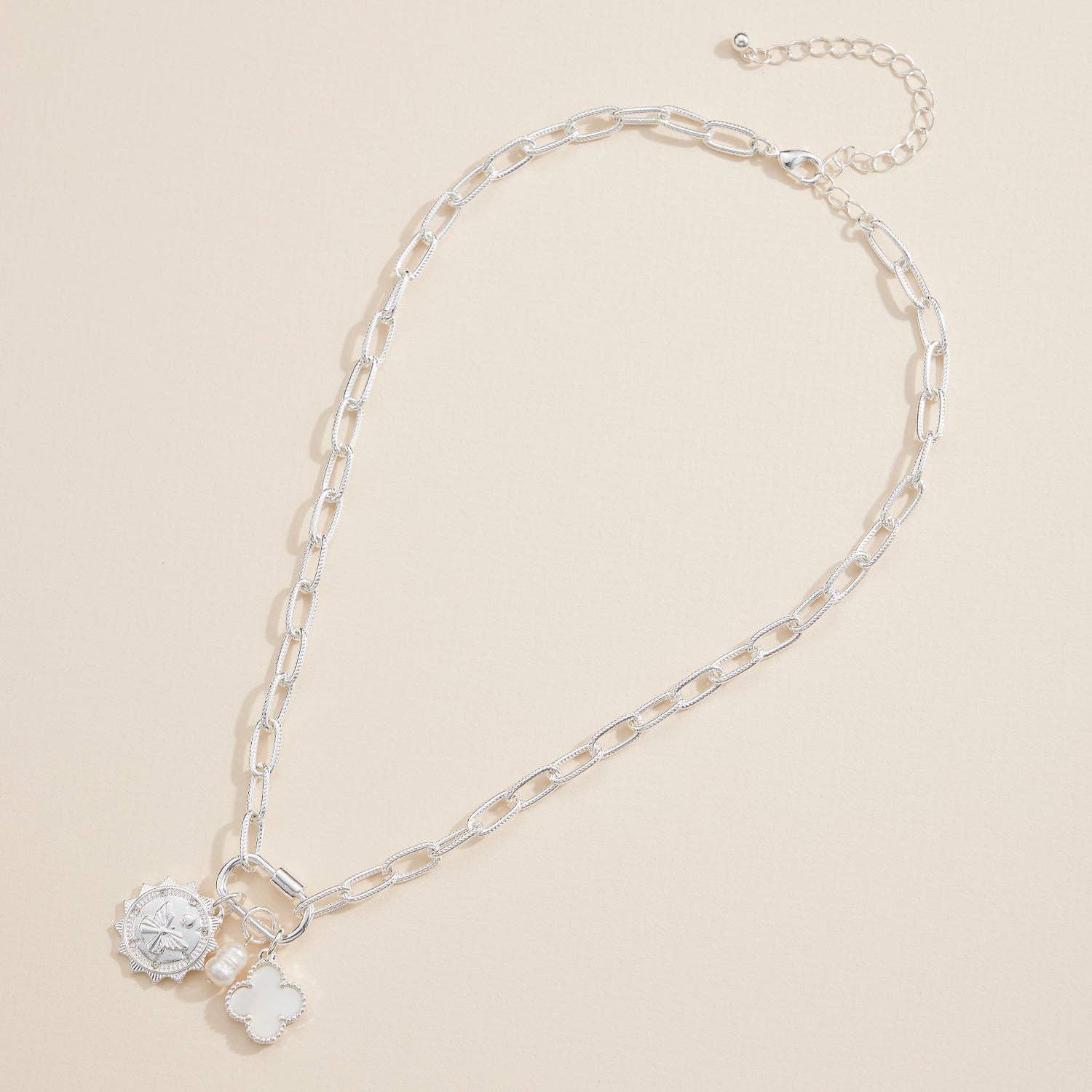 Chain Necklace with Butterfly, Pearl, & Clover Charms