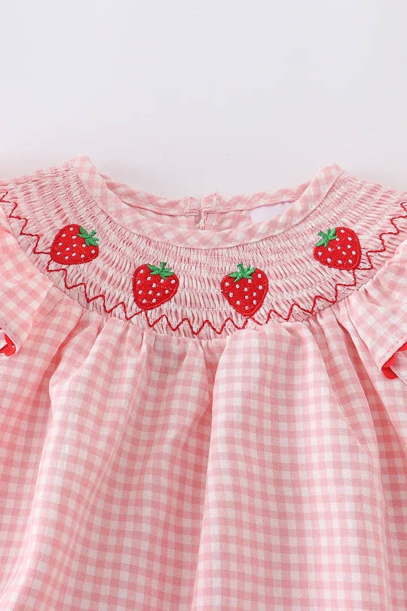 Girls Strawberry Plaid Smocked Romper