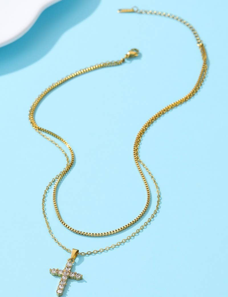 Gold Cross Layered Necklace showing color: gold