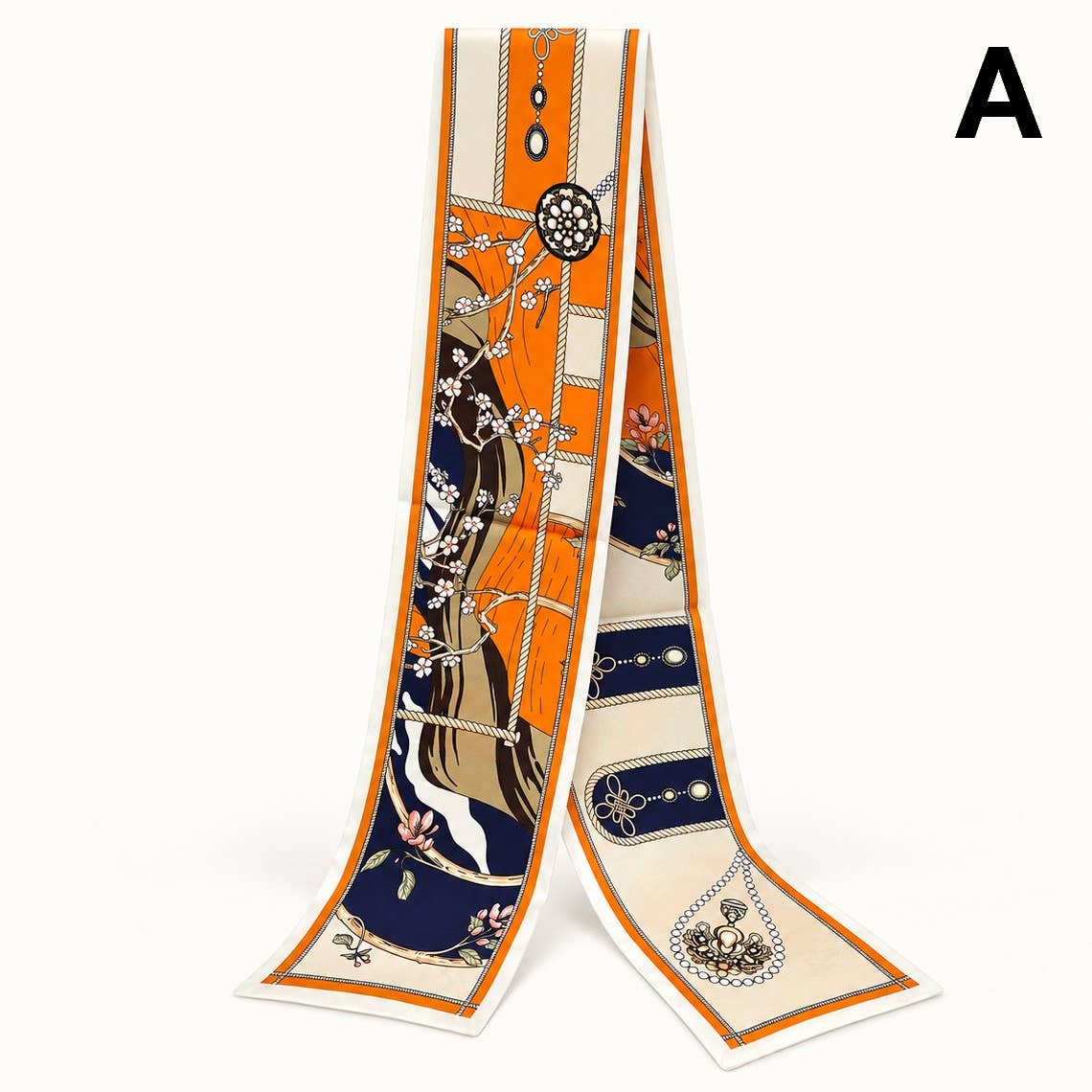 Orange Equestrian Print Skinny Twilly Scarf