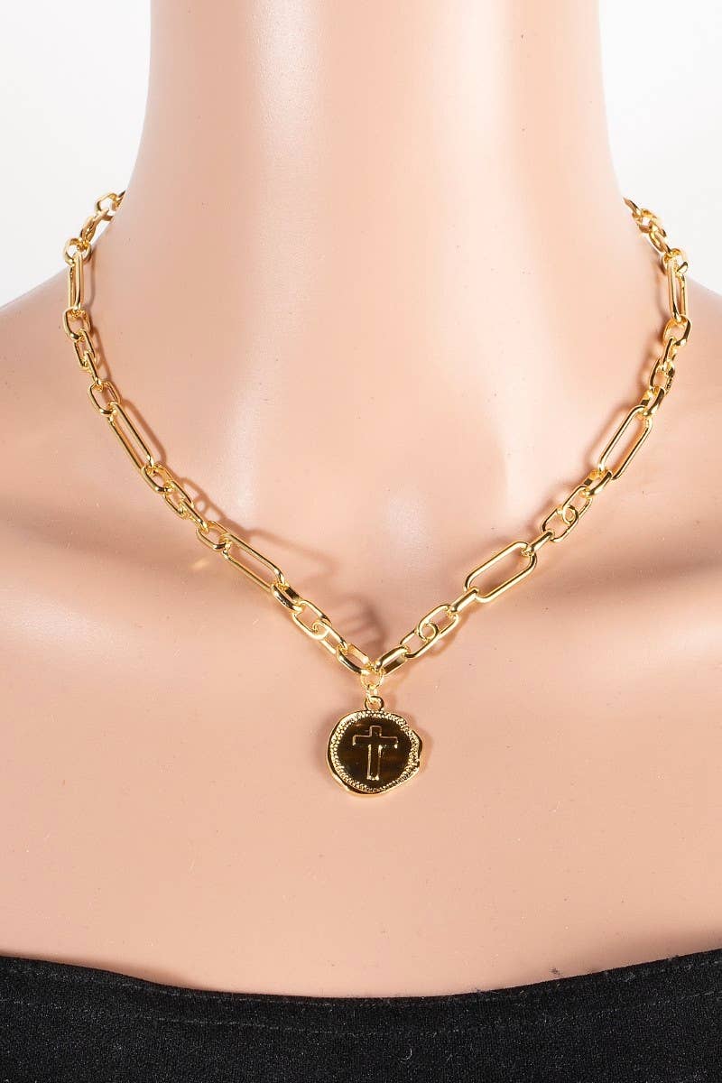 Gold Dipped Cross Coin Pendant Chain Necklace