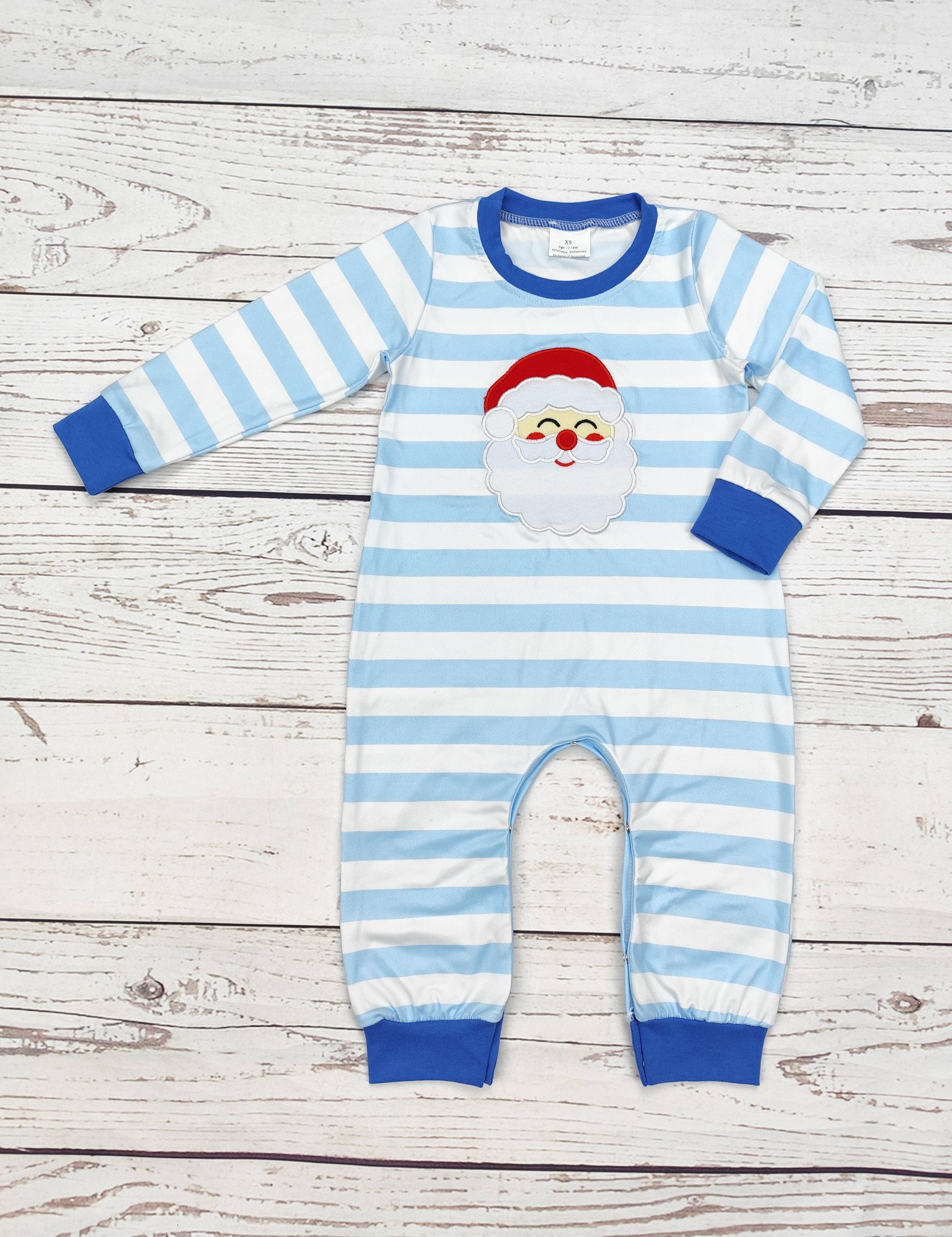 Boy Santa Romper — color: light blue and white stripe with royal blue trim and round neckline with royal blue binding