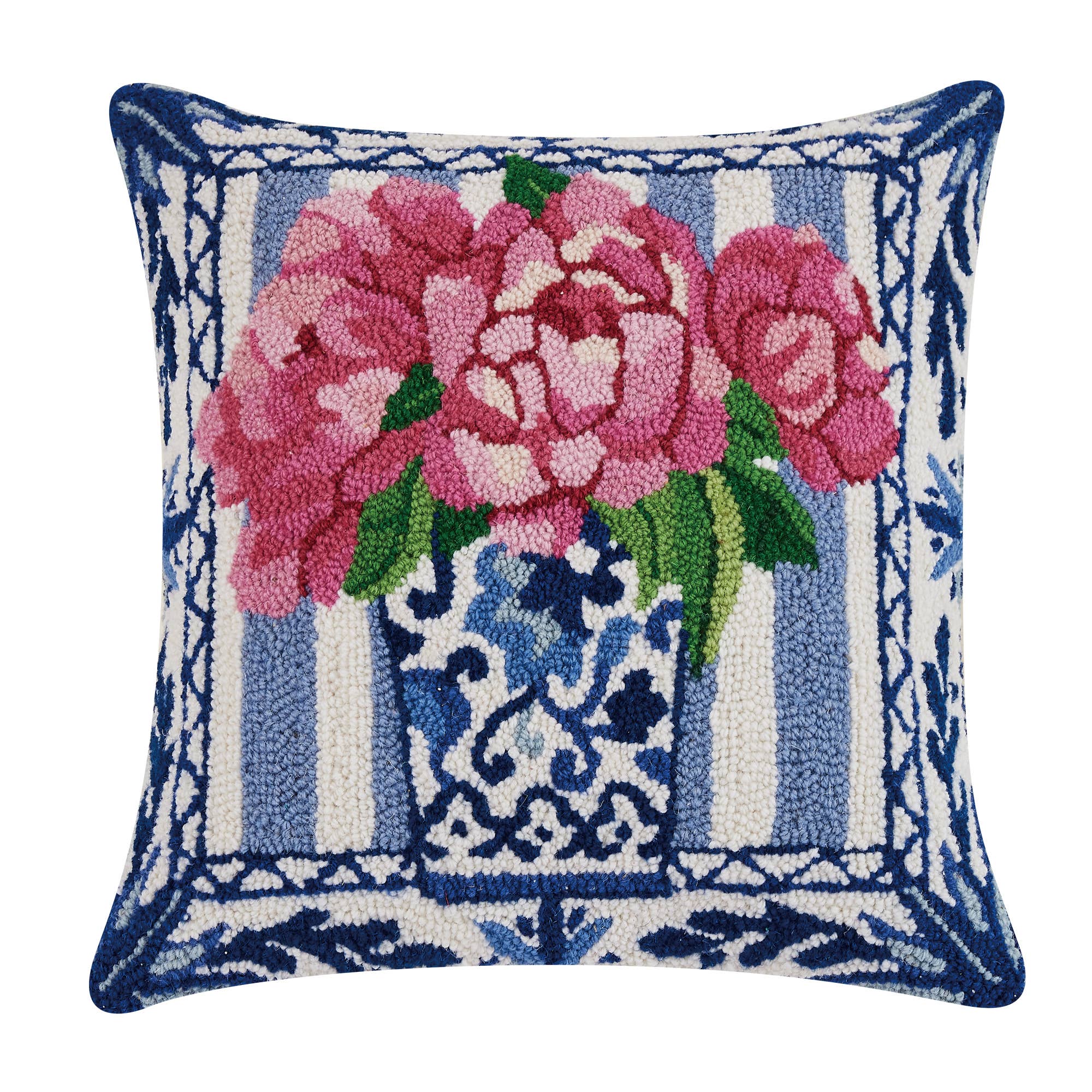 Pretty Petals Hook Pillow — hand-hooked looped wool face and cream velvet backing
