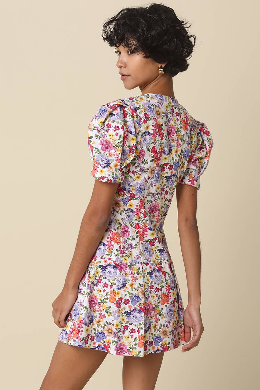 White Floral Puff-Sleeve Dress