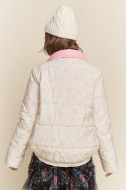 Cream Floral Bow Puffer Jacket