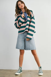 Green Striped Quarter-Zip Contrast Collar Sweatshirt