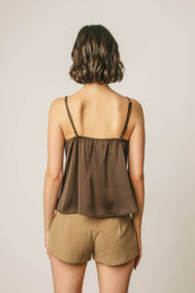 Brown Satin Lace Tie Front Cami Top