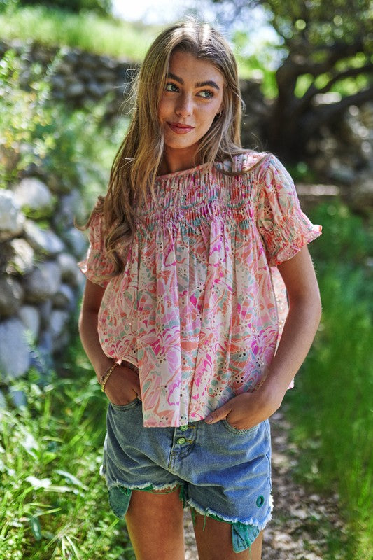 Spring Floral Short Sleeve Blouse