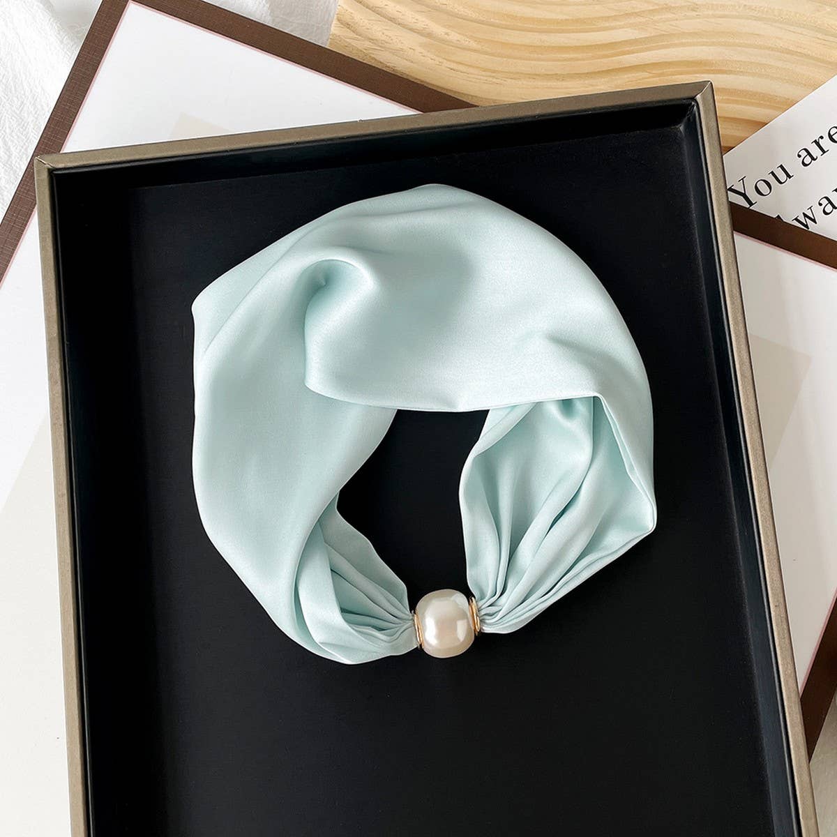 Silky Blue Scarf Necklace With Pearl