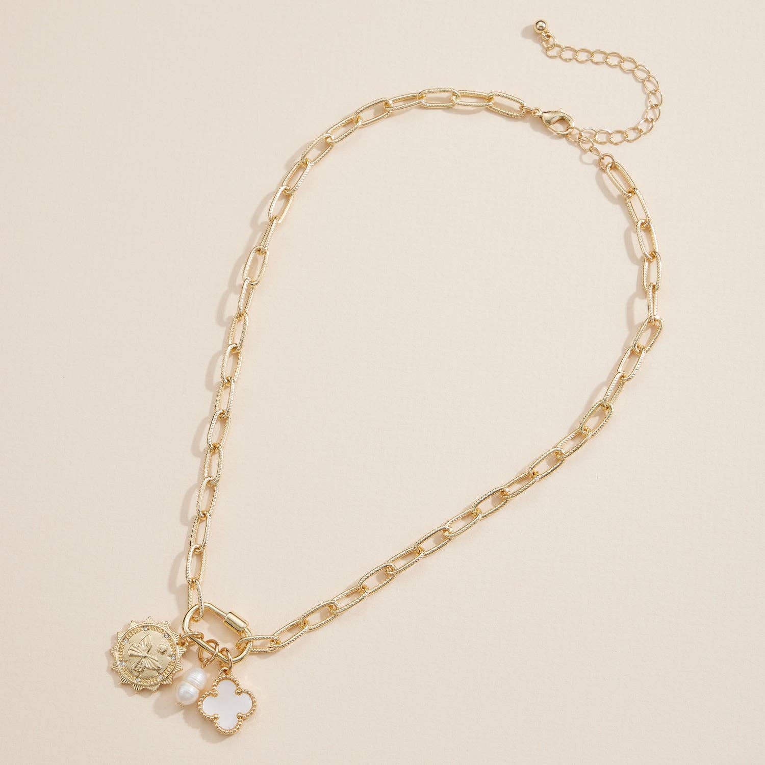 Chain Necklace with Butterfly, Pearl, & Clover Charms