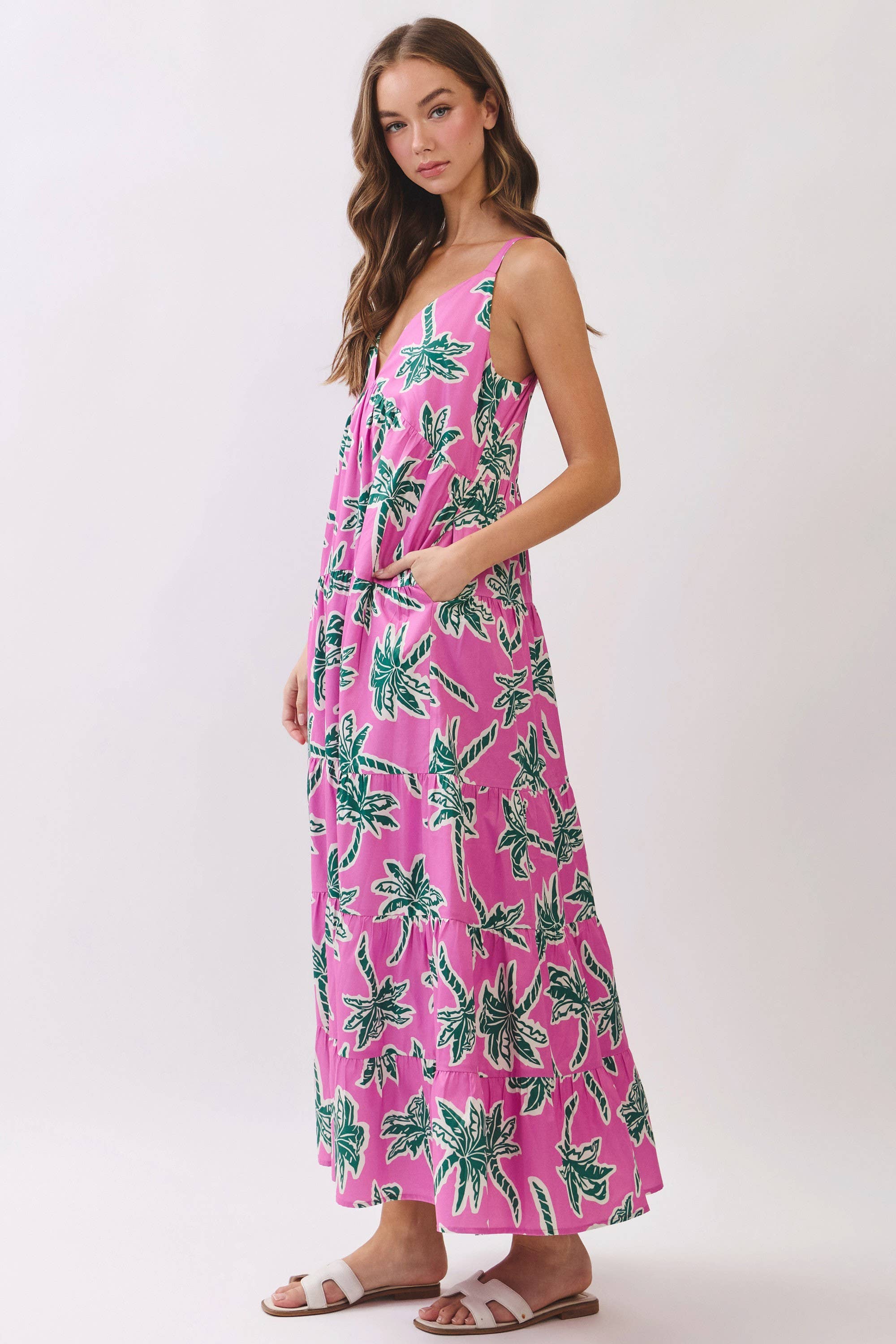 Pink & Green Tropical Maxi Dress
