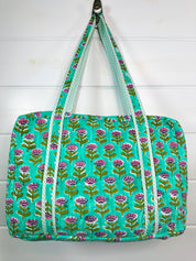 Aqua Floral Handmade Quilted Duffle Bag