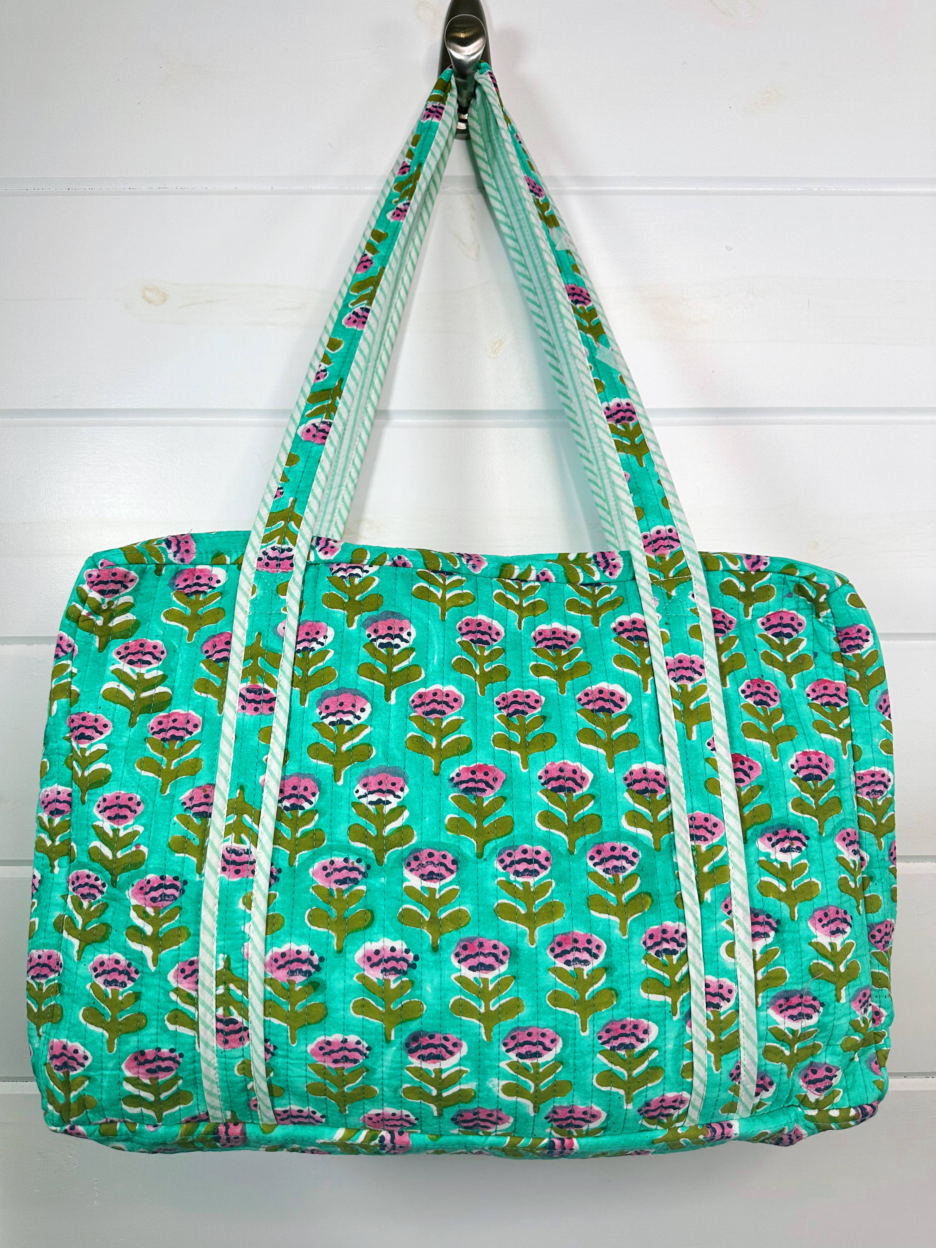 Aqua Floral Handmade Quilted Duffle Bag