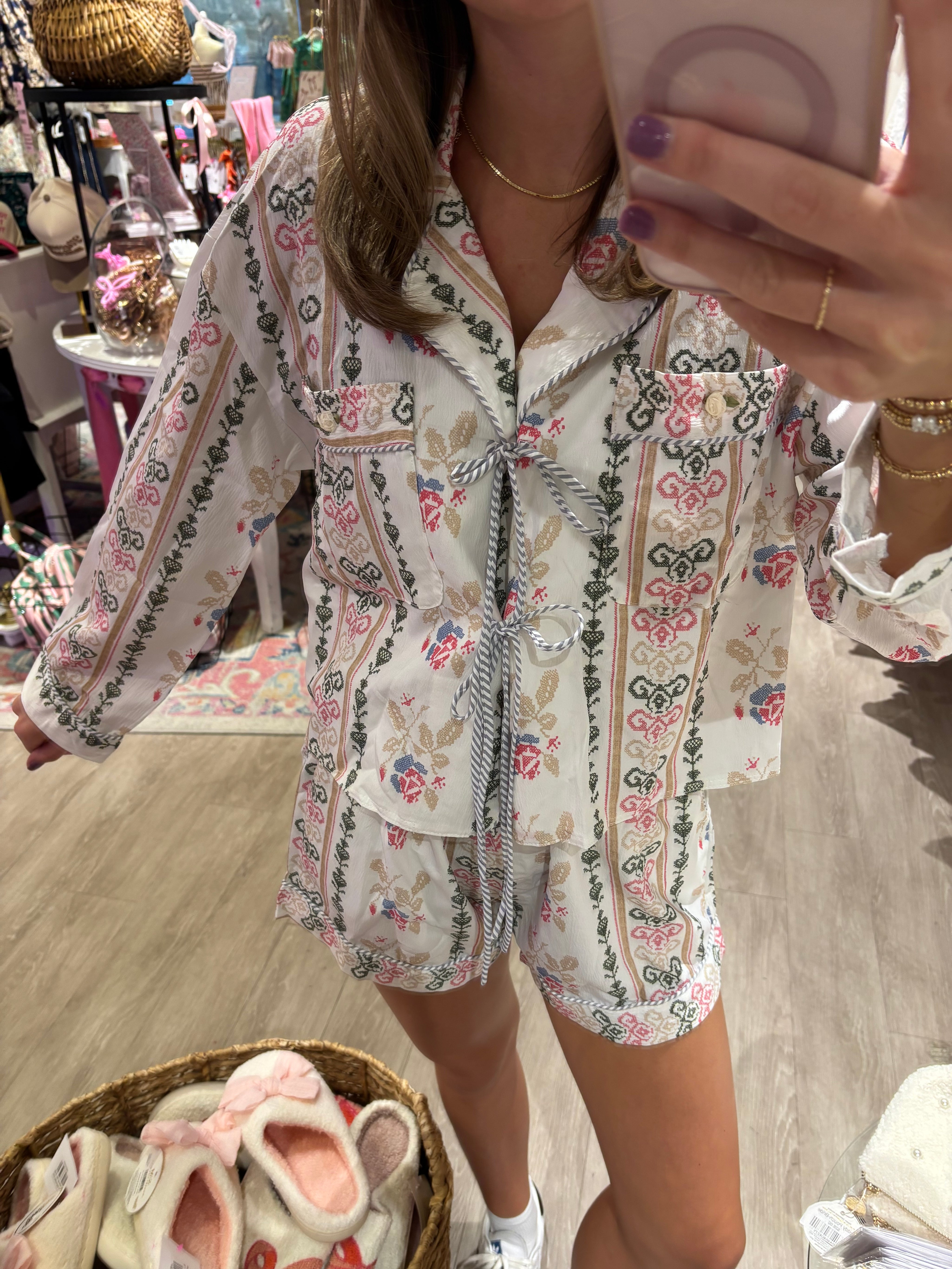 Floral Ribbon Front Lace Up Pajama Short Set