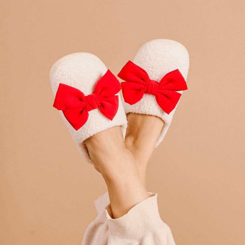 Red Bow Fuzzy Slippers Red