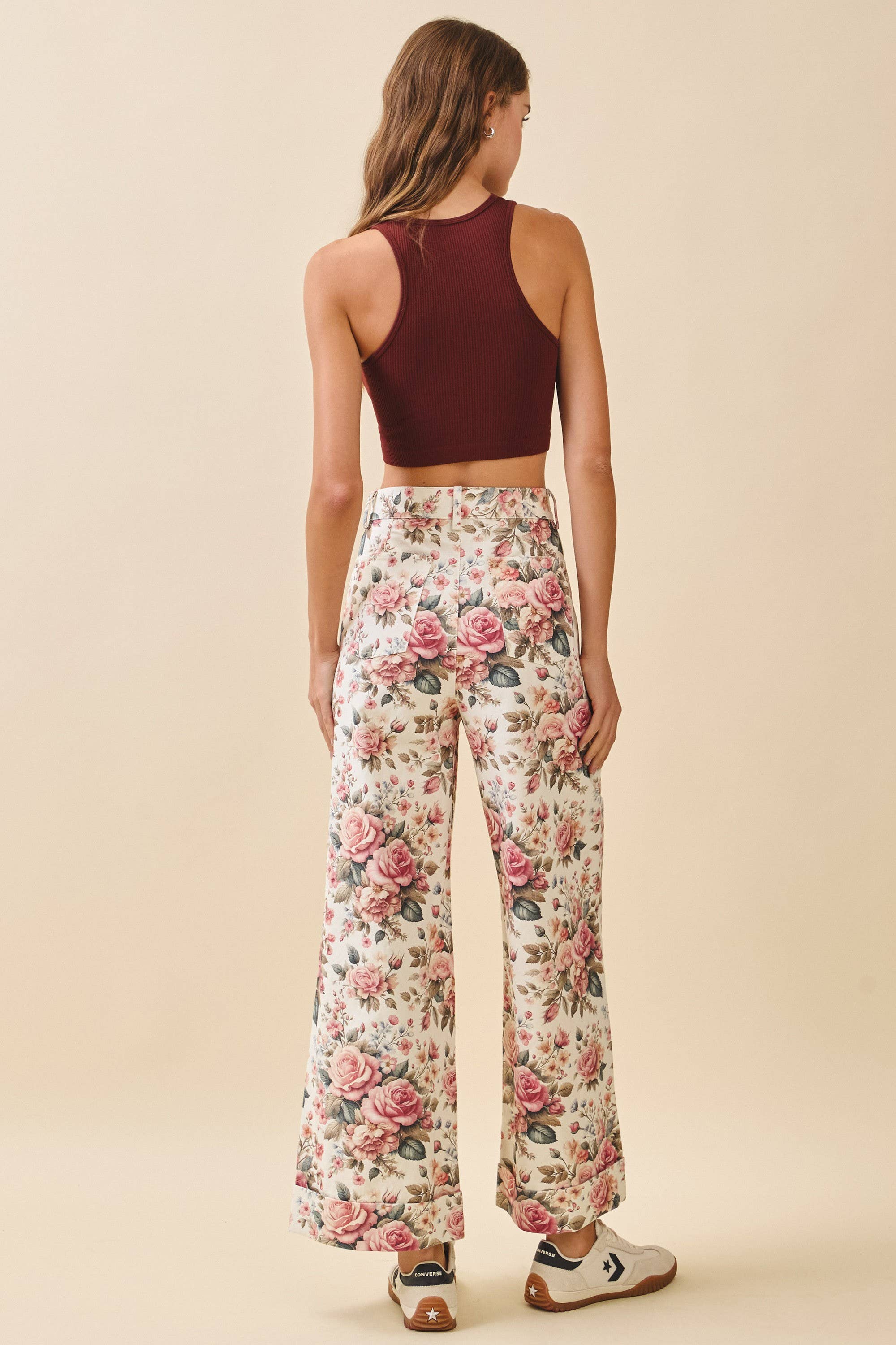 Rose Print Wide Leg High Waist Pants