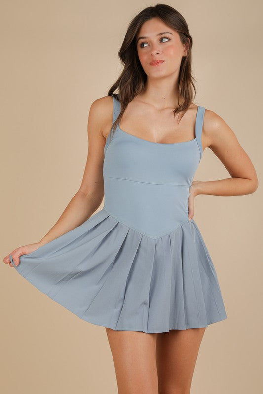 Blue Pleated Skirt Activewear Dress W/ Under Shorts