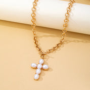 Gold Pearl Cross Toggle Necklace