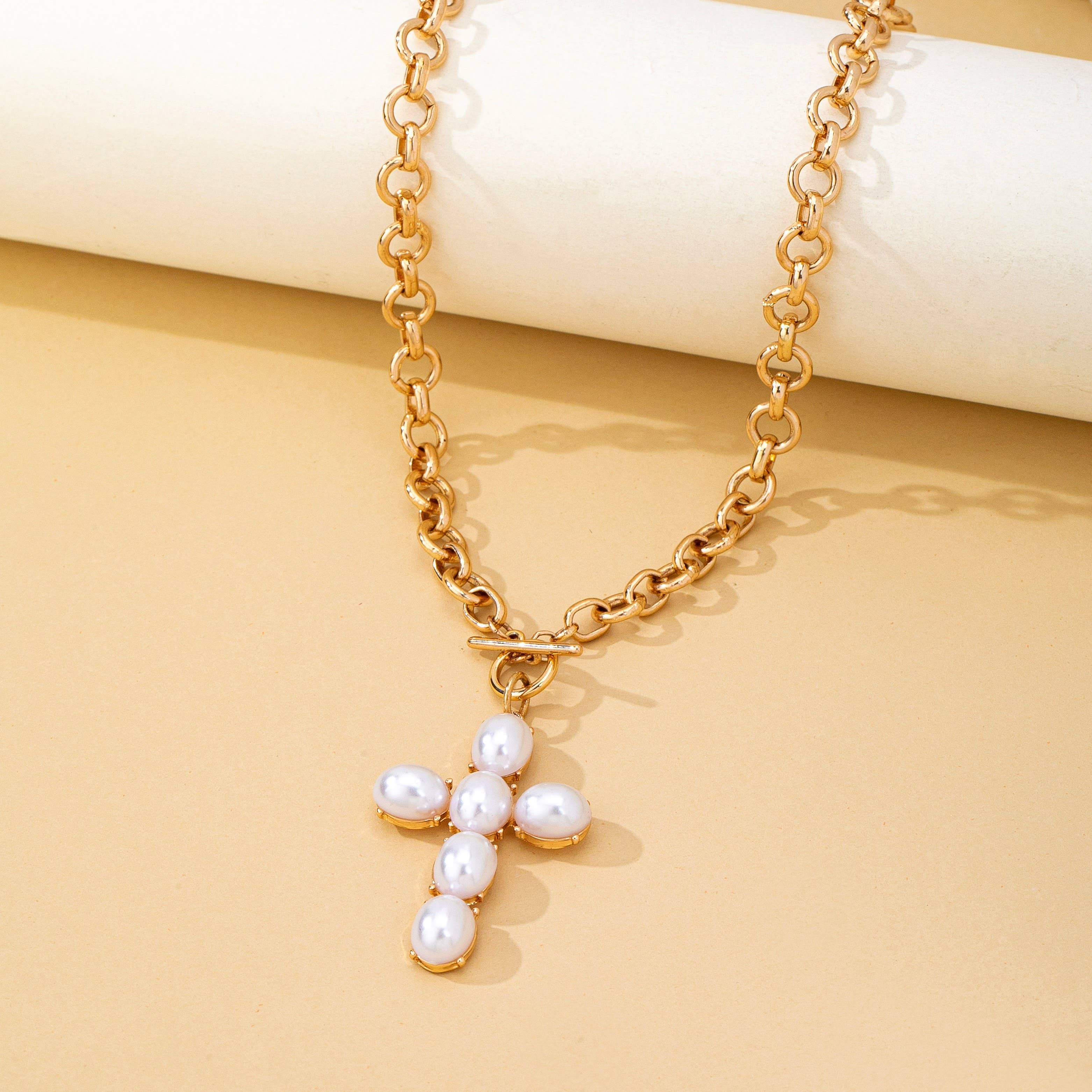 Gold Pearl Cross Toggle Necklace