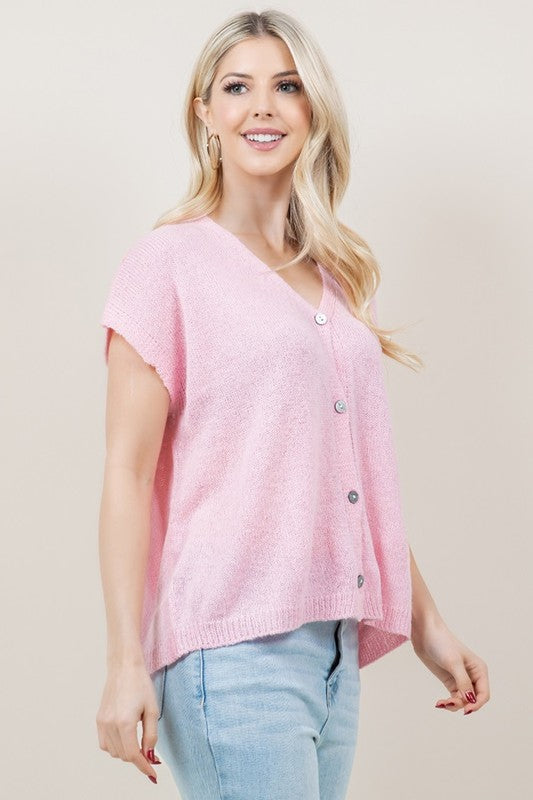 Pink Short Sleeve Button Down Cardigan