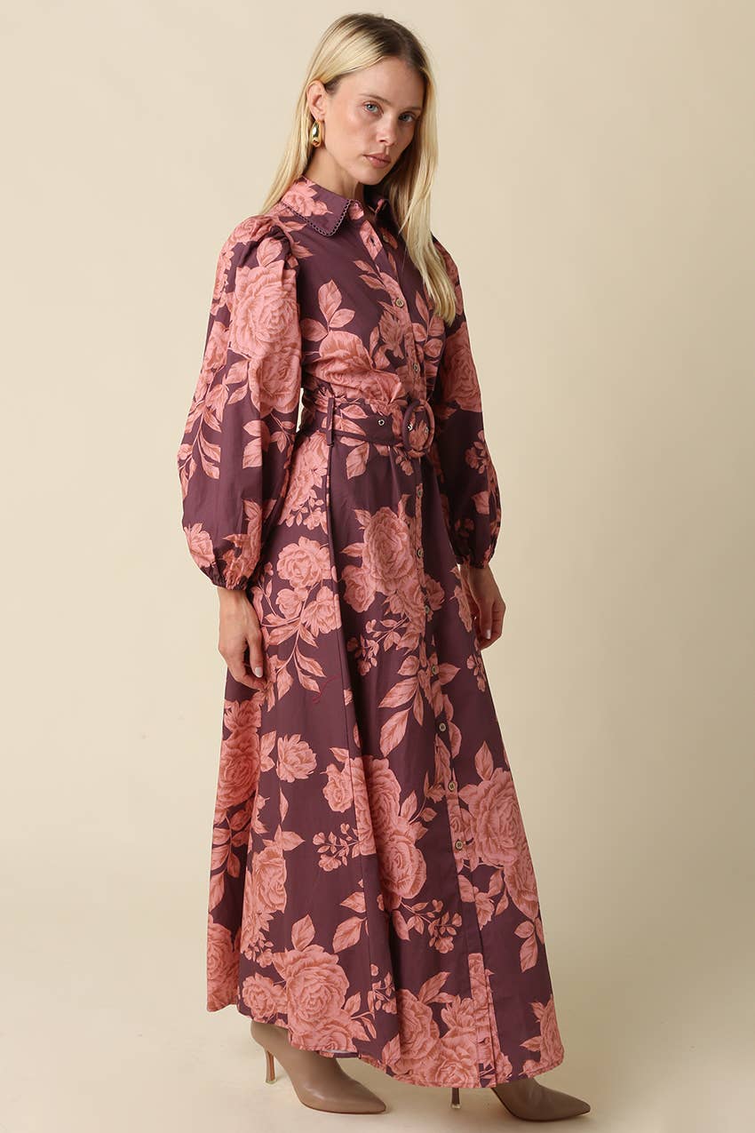 Purple & Pink Floral Belted Maxi Dress showing front buttons