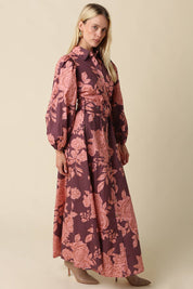 Purple & Pink Floral Belted Maxi Dress showing front buttons