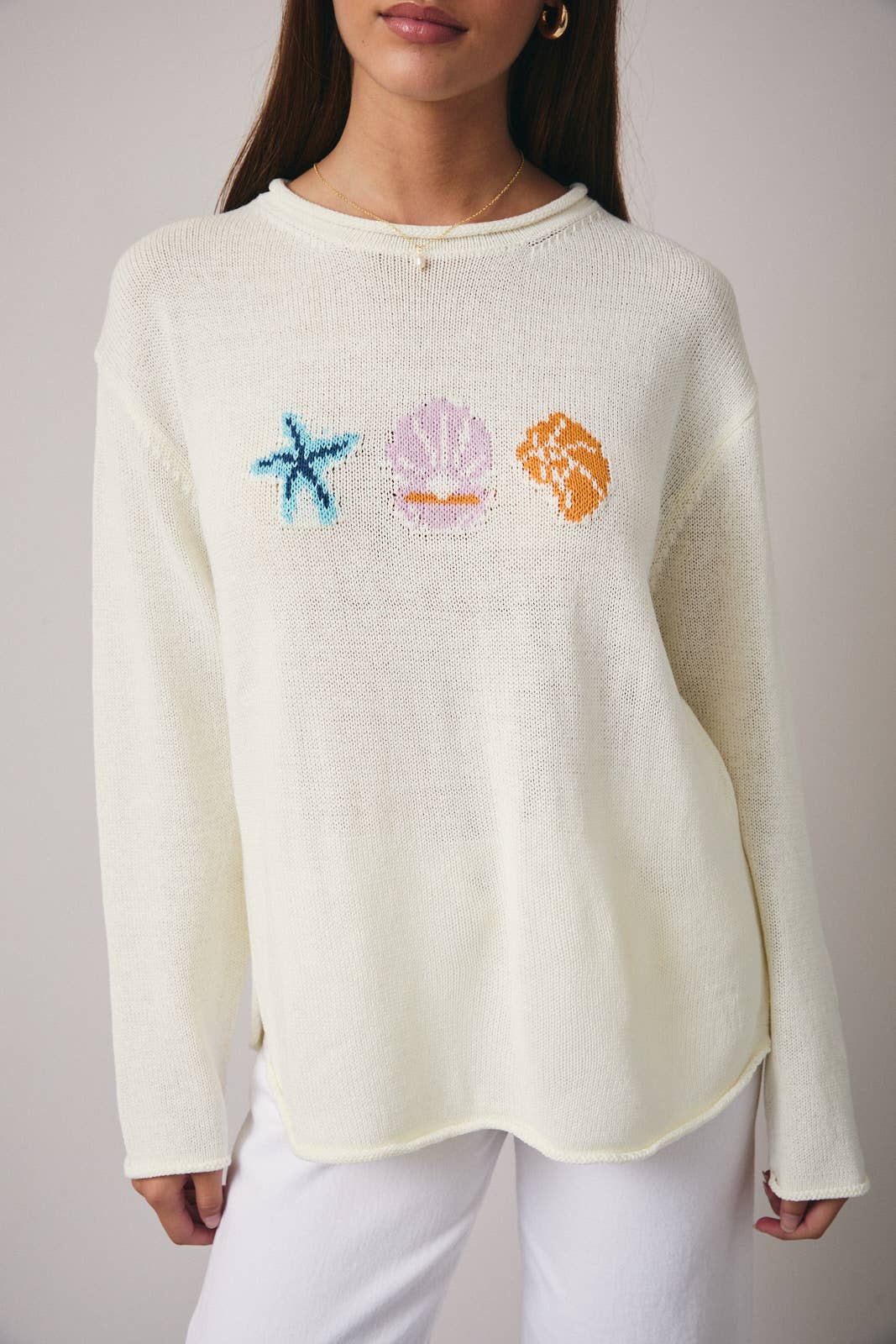 Cream Round Neck Sea Graphic Sweater